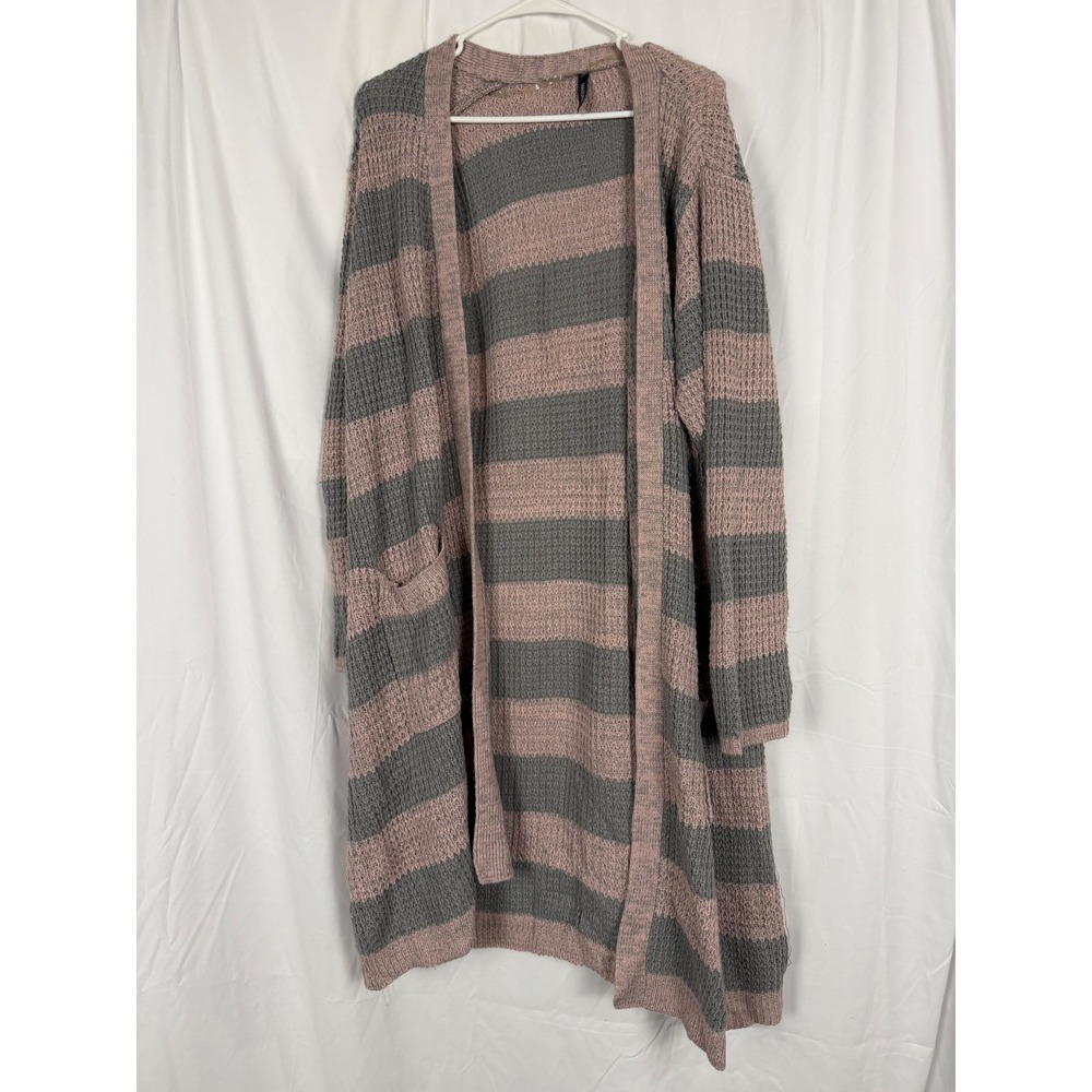 Massini Womens 1X Pink Grey Striped Waffle Knit Longline Open Front Cardigan - Picture 1 of 6